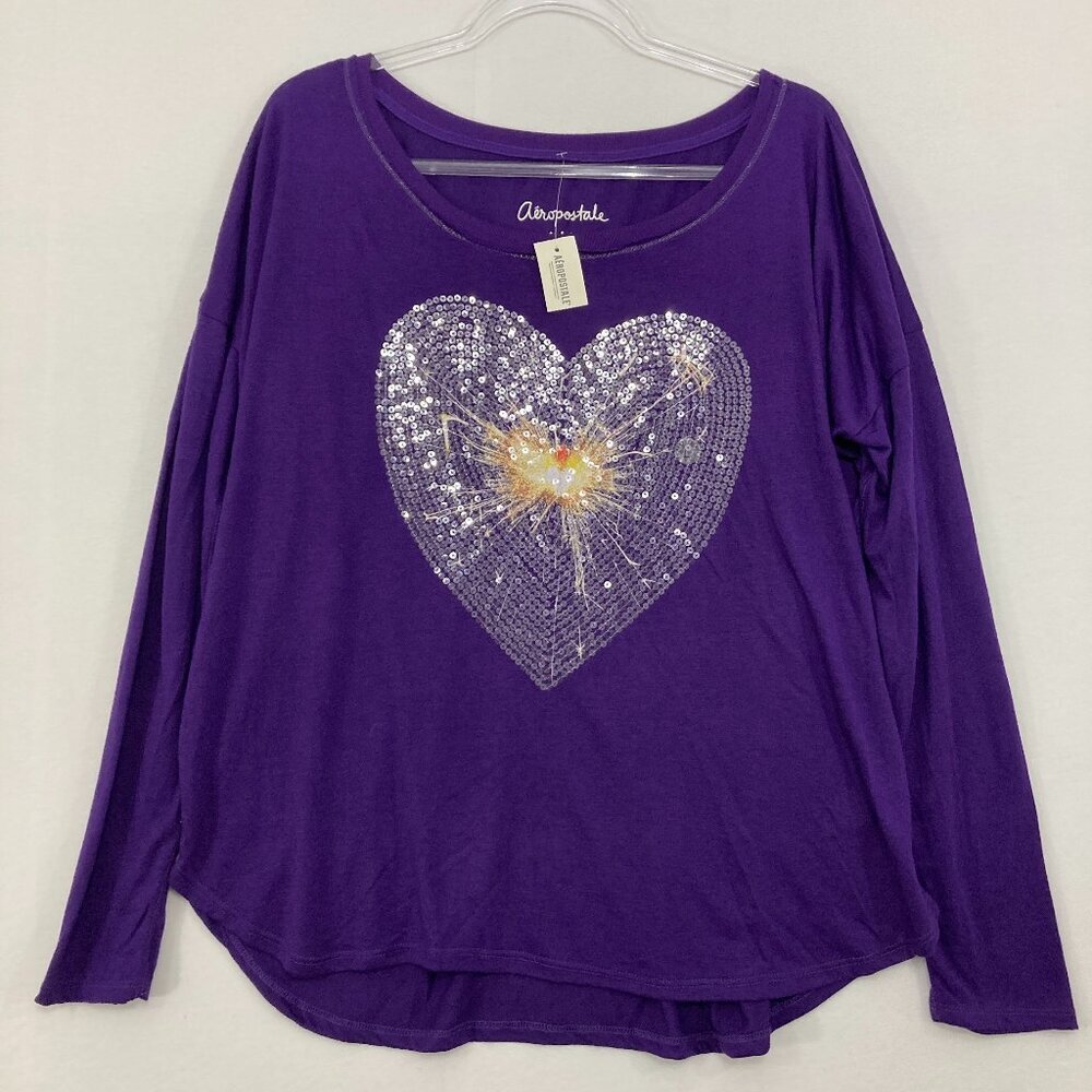 New Aeropostale size Large Purple Stretch‎ Heart Print Sequins Stretch Knit Top
